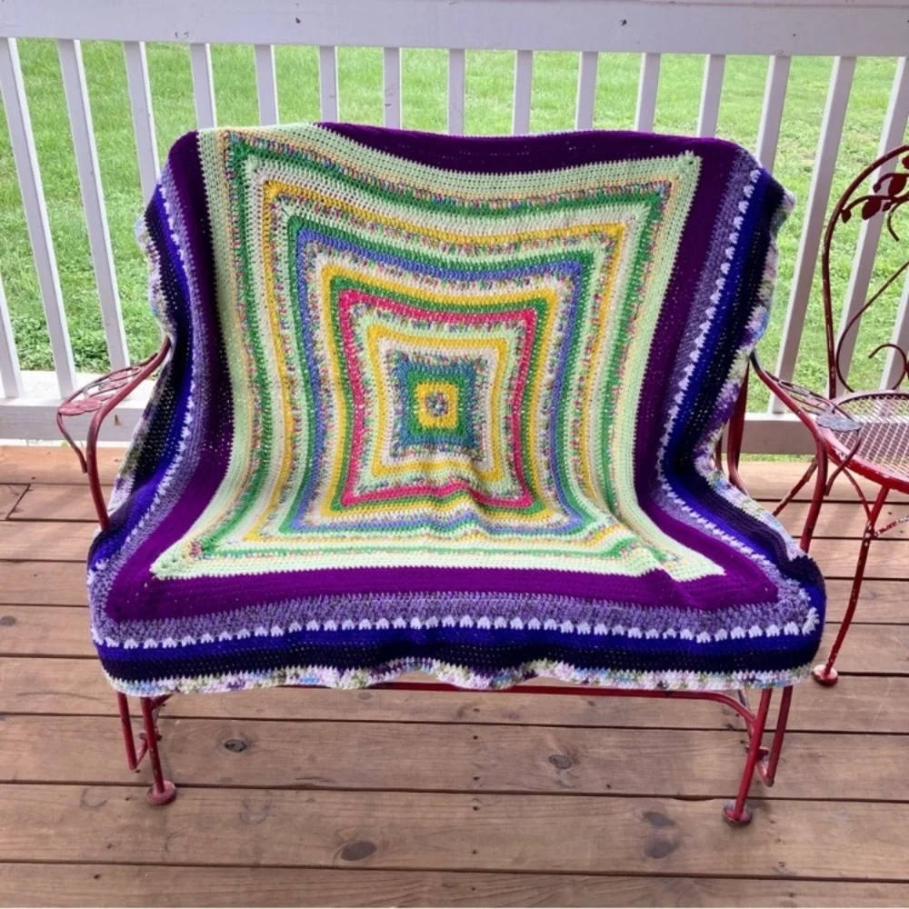 Small Handmade Crocheted Throw Blanket 54” x 52” Purple Green Yellow Pink